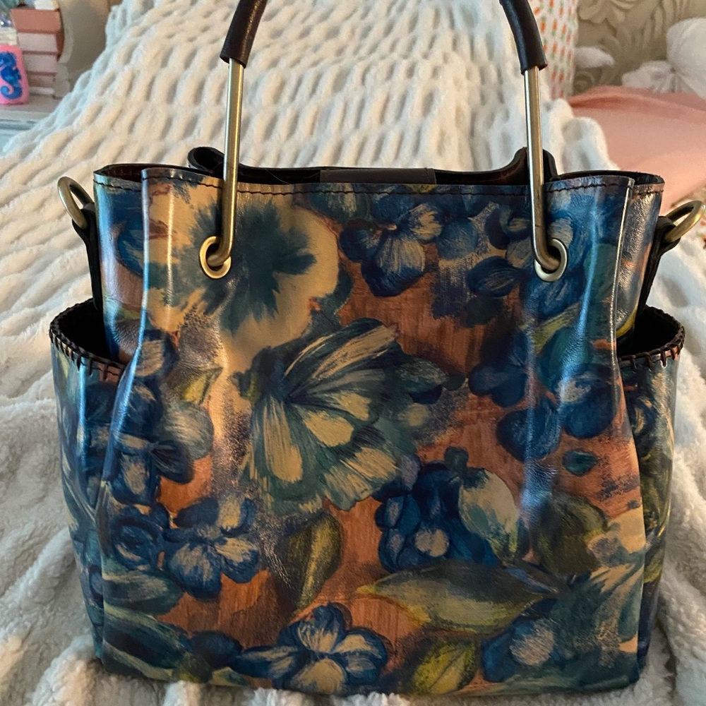 Patricia Nash Blue Leather Tote Floral Design